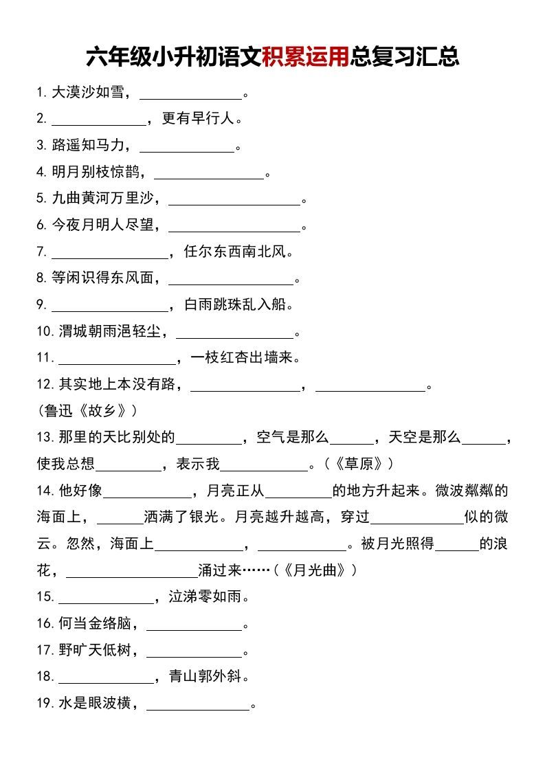 六年级小升初语文积累运用总复习汇总_练习题|试卷|知识点|复习提纲