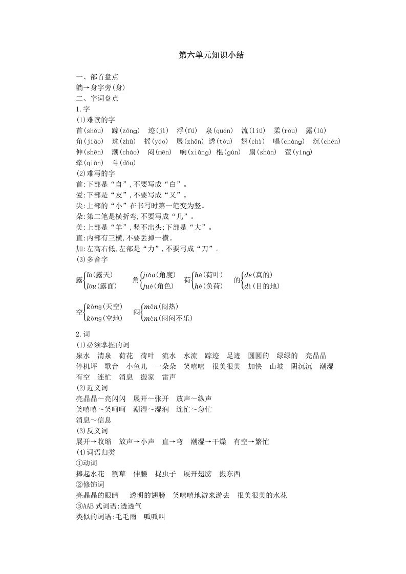 一年级语文下册第六单元知识小结_练习题|试卷|知识点|复习提纲