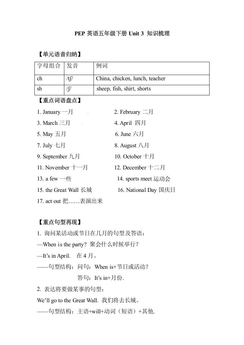 五年级数学下册英语单元知识梳理-Unit3Myschoolcalendar人教PEP_练习题|试卷|知识点|复习提纲