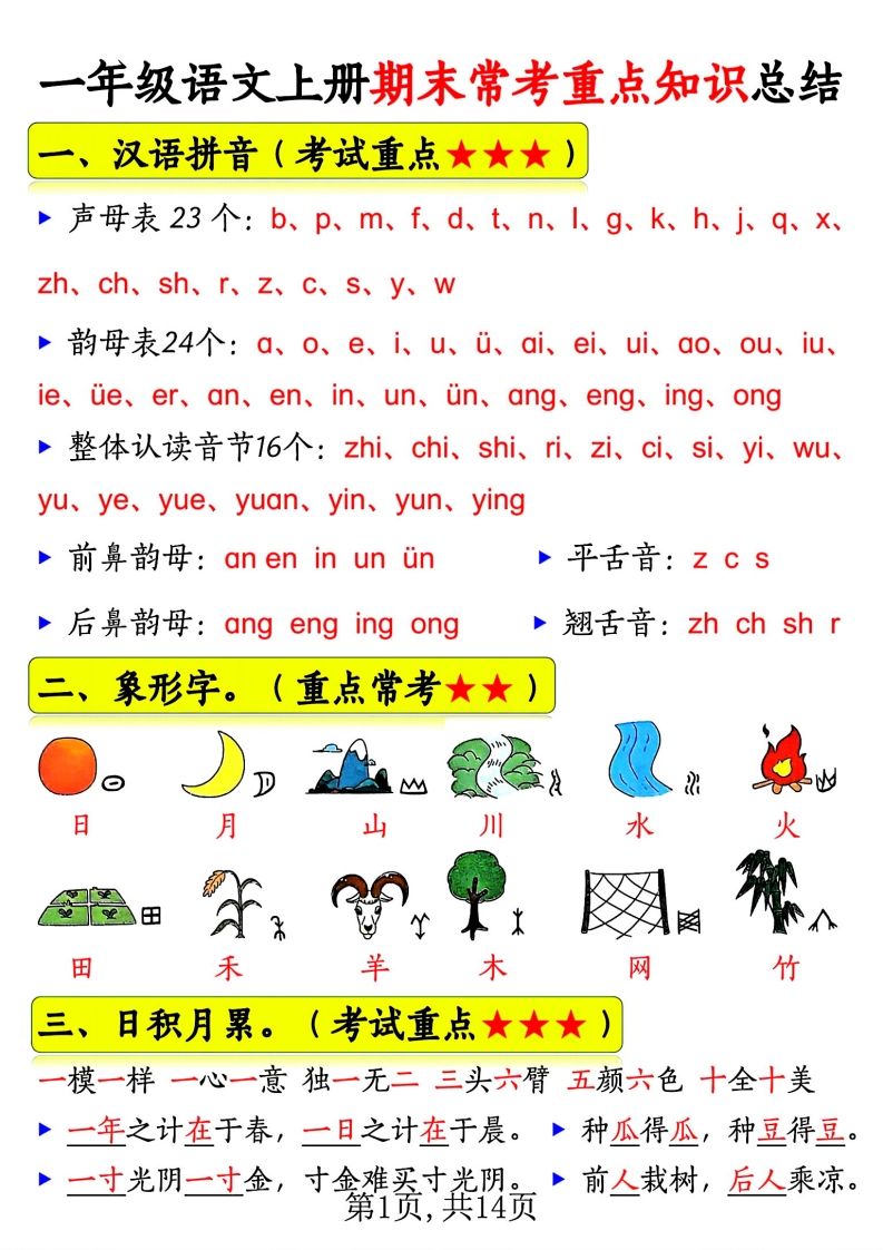 一年级语文上册期末常考重点知识总结_练习题|试卷|知识点|复习提纲