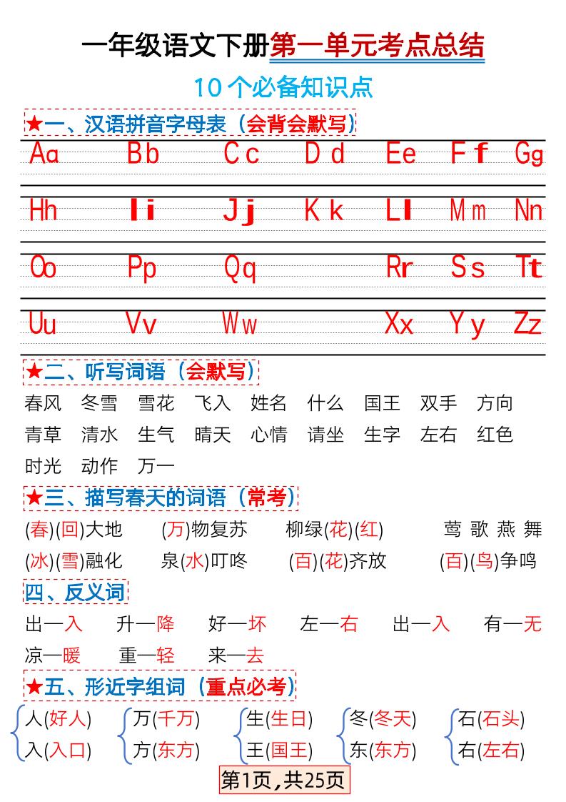 【1-4单元考点总结】一下语文_练习题|试卷|知识点|复习提纲