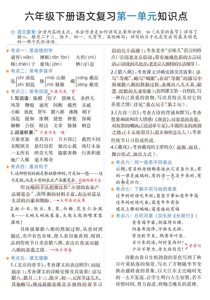 【1-6单元单元知识点】六下语文_练习题|试卷|知识点|复习提纲