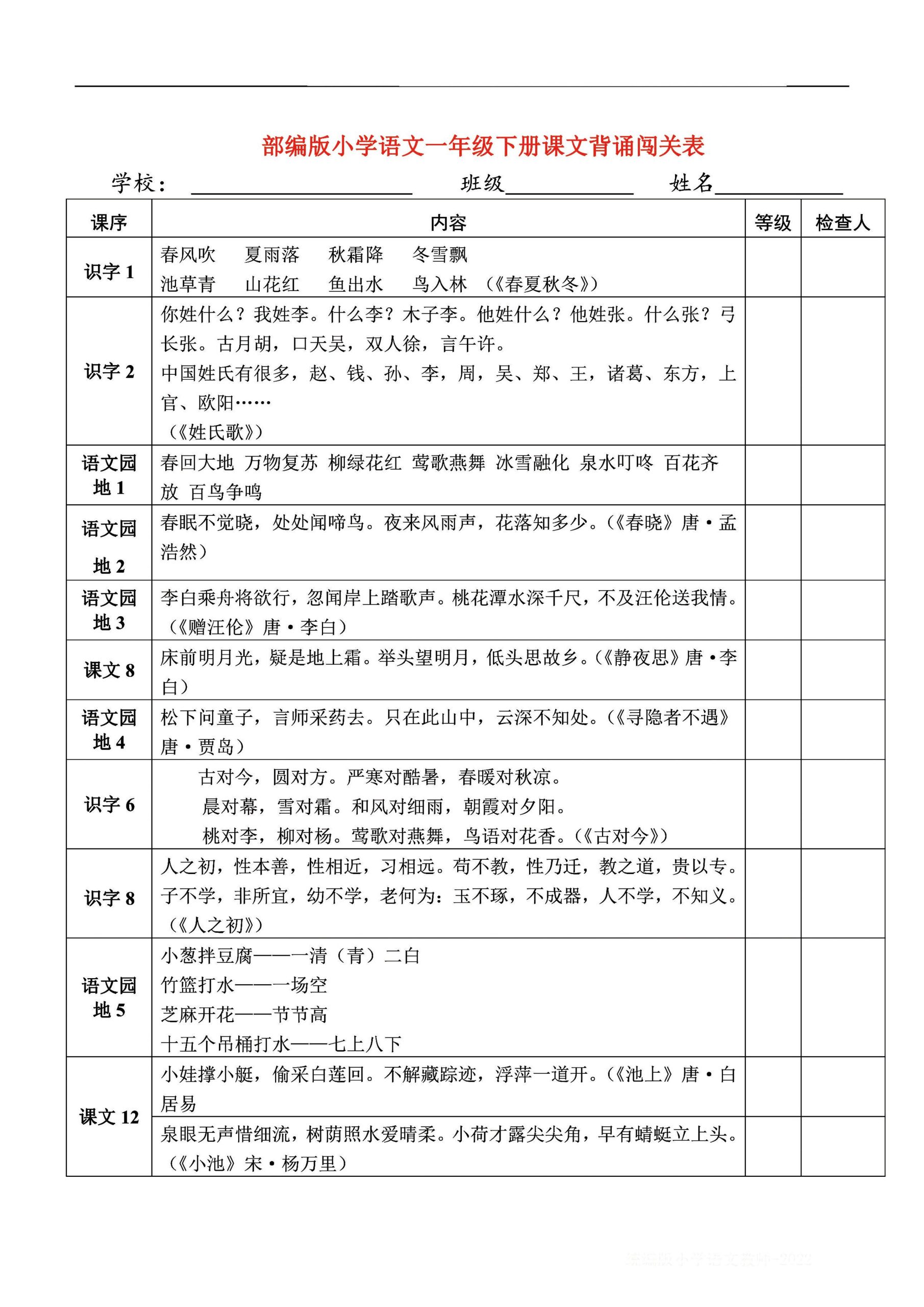 【1-6年级课本必背闯关表】小学下册语文_练习题|试卷|知识点|复习提纲