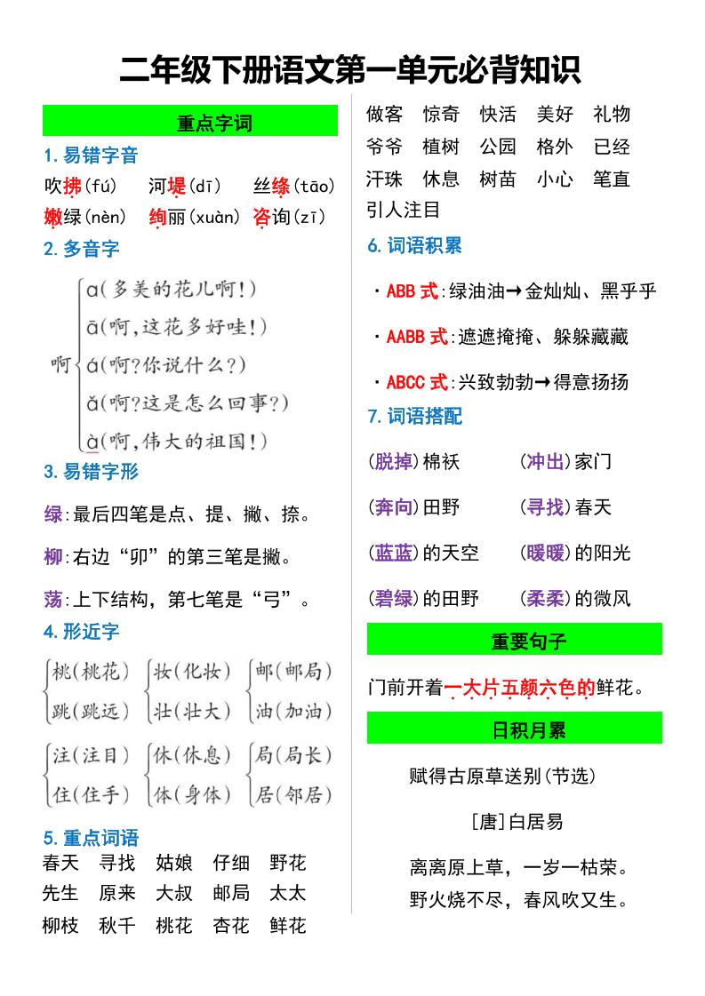 【1-8单元必背知识】二下语文_练习题|试卷|知识点|复习提纲