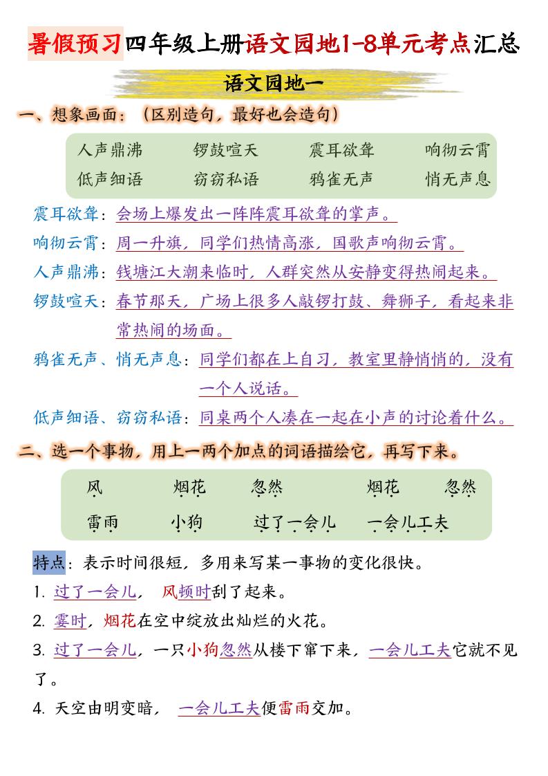 【1-8单元语文园地考点汇总】四上语文_练习题|试卷|知识点|复习提纲