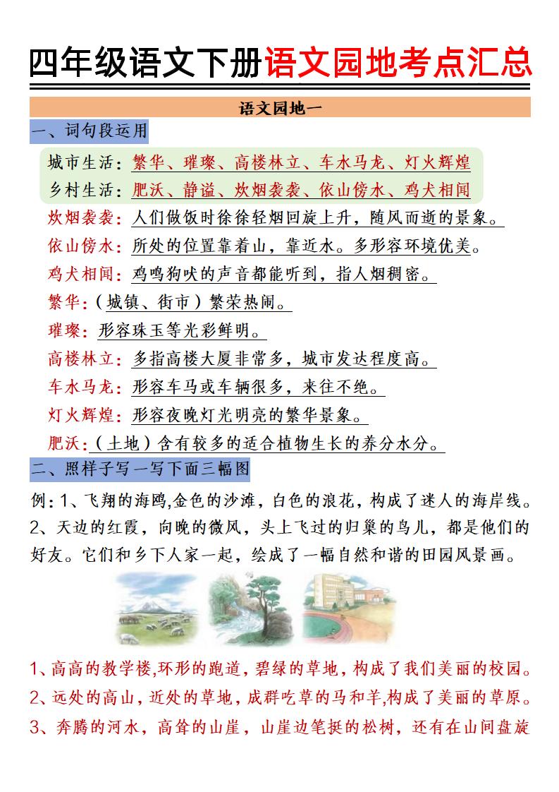 【1-8单元语文园地考点汇总】四下语文_练习题|试卷|知识点|复习提纲