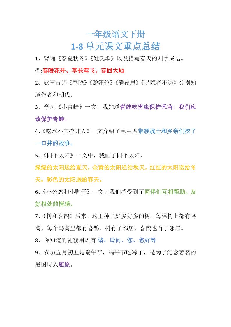 【1-8单元重点归纳】一下语文_练习题|试卷|知识点|复习提纲