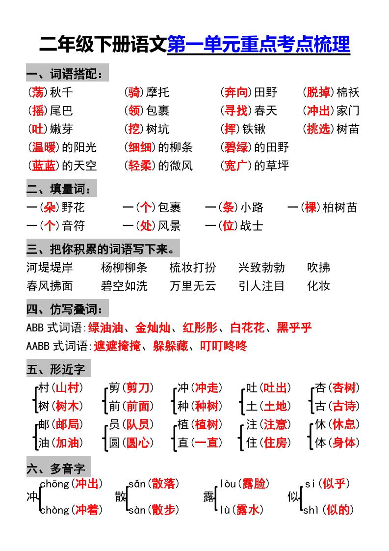 【1-8单元重点考点梳理】二下语文_练习题|试卷|知识点|复习提纲