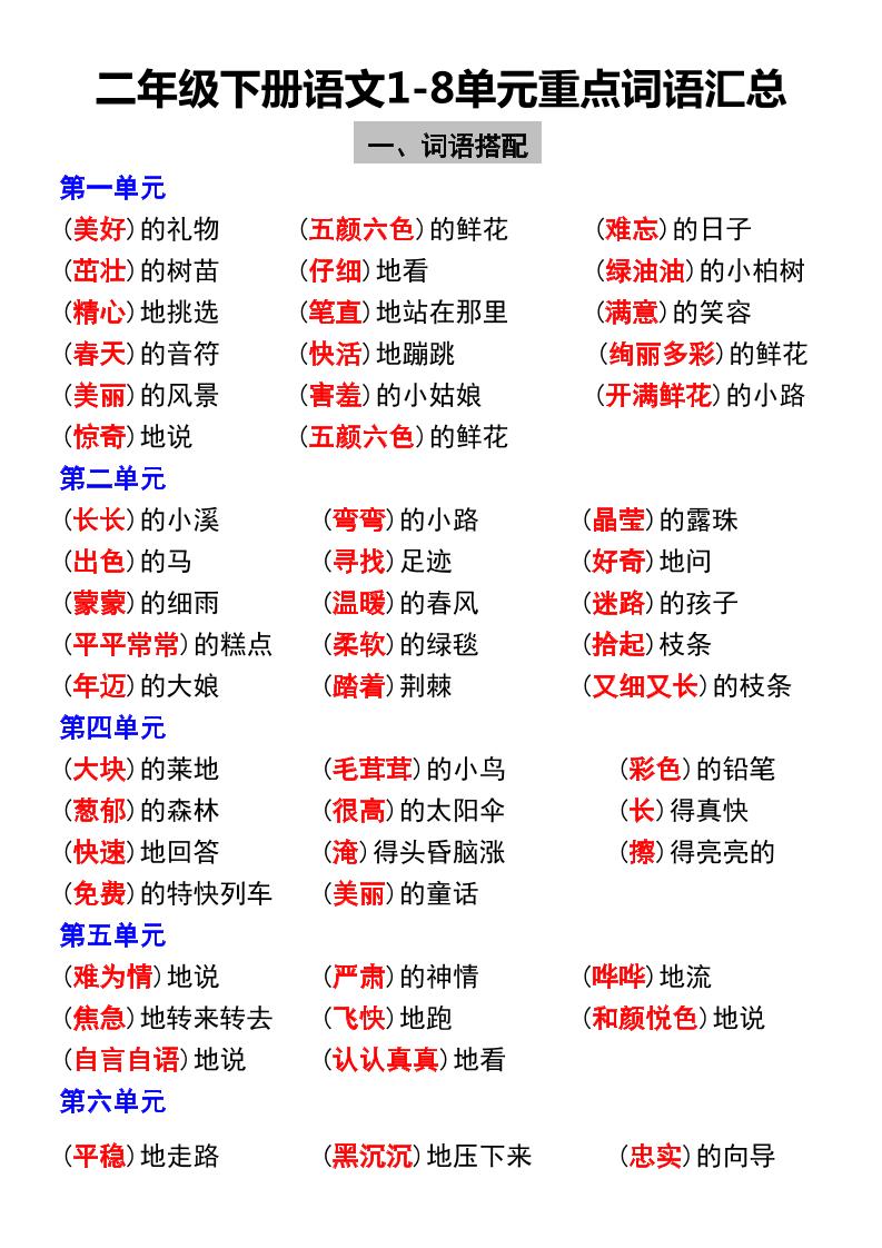 【1-8单元重点词语汇总】二下语文_练习题|试卷|知识点|复习提纲