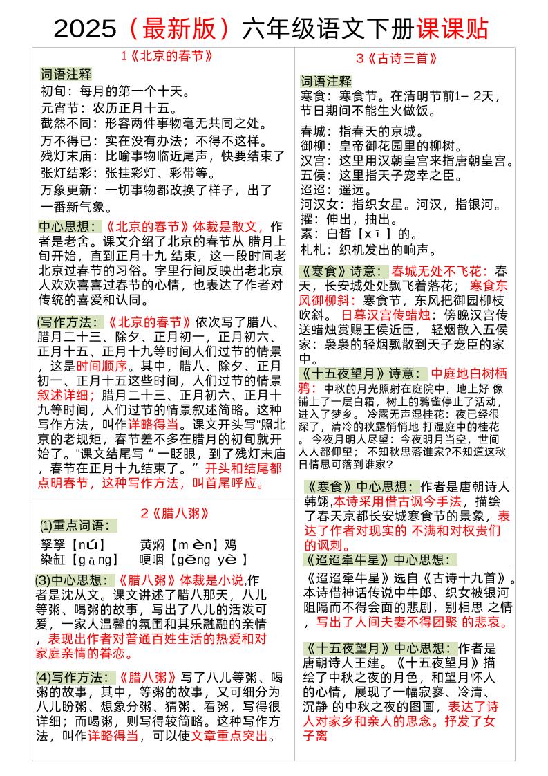 【2025春-课课贴】六下语文_练习题|试卷|知识点|复习提纲