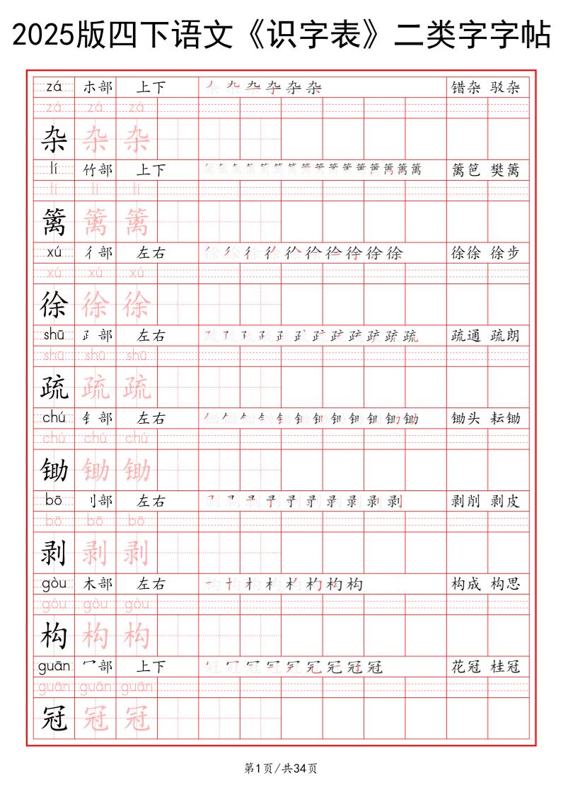 【2025版《识字表》二类字字帖】四下语文_练习题|试卷|知识点|复习提纲