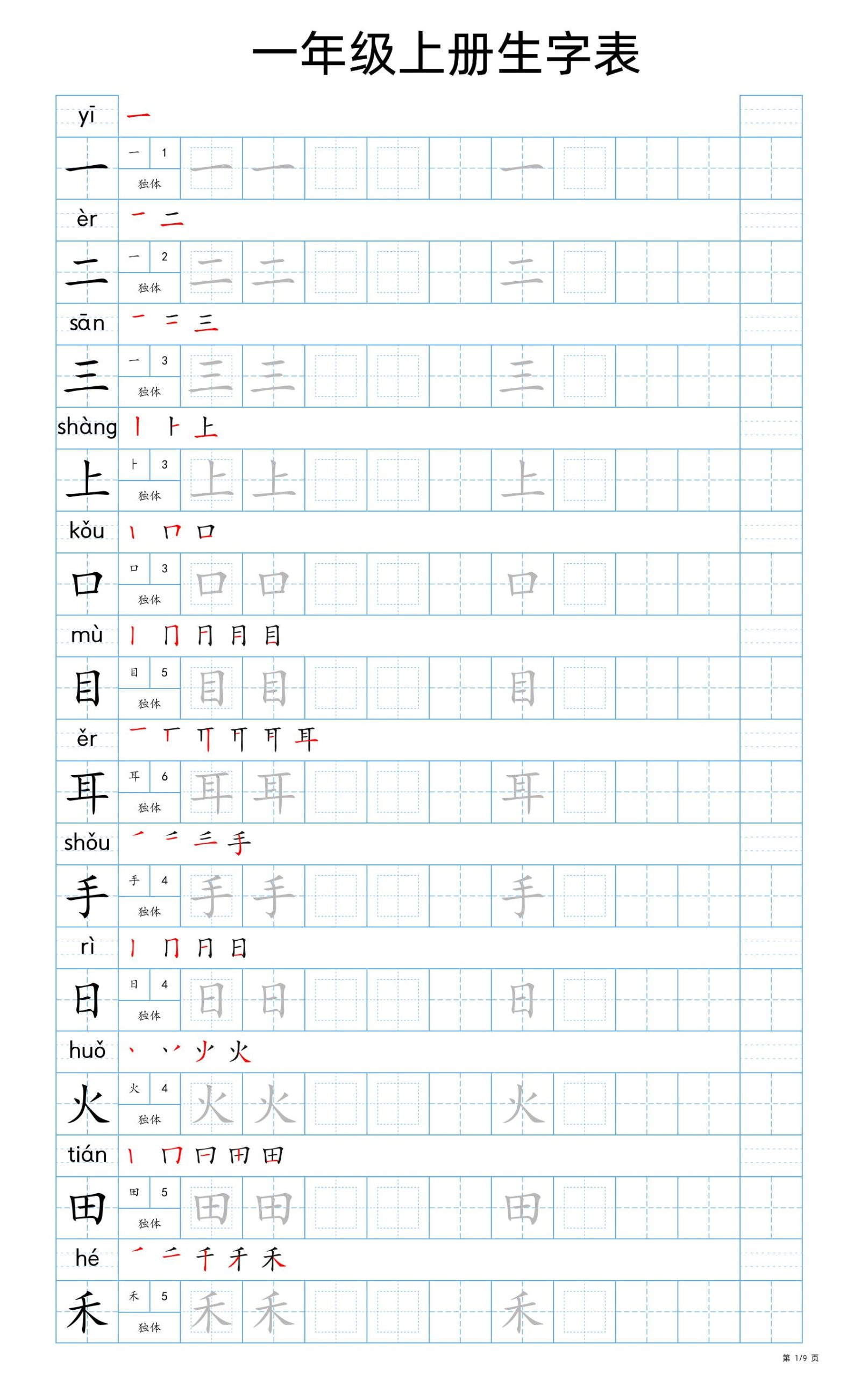 【24秋新版-生字表字帖-蓝版】一上语文_练习题|试卷|知识点|复习提纲