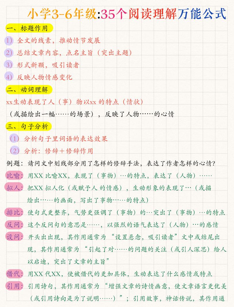 【35个阅读理解万能公式】3-6年级语文_练习题|试卷|知识点|复习提纲