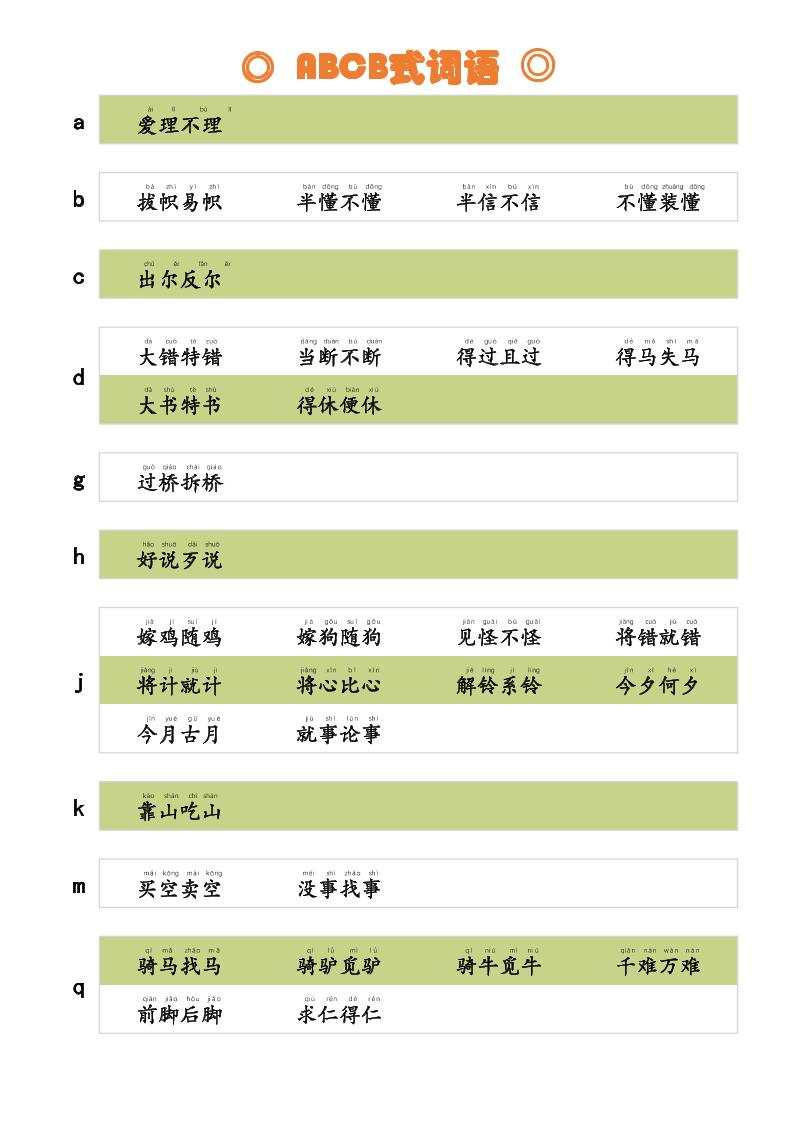 【ABCB式词语】一下语文_练习题|试卷|知识点|复习提纲