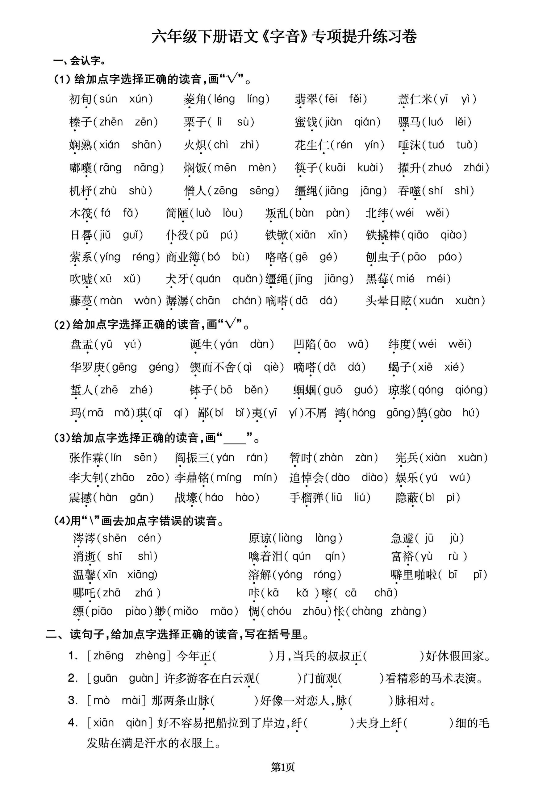 【《字音》专项提升练习】六下语文_练习题|试卷|知识点|复习提纲