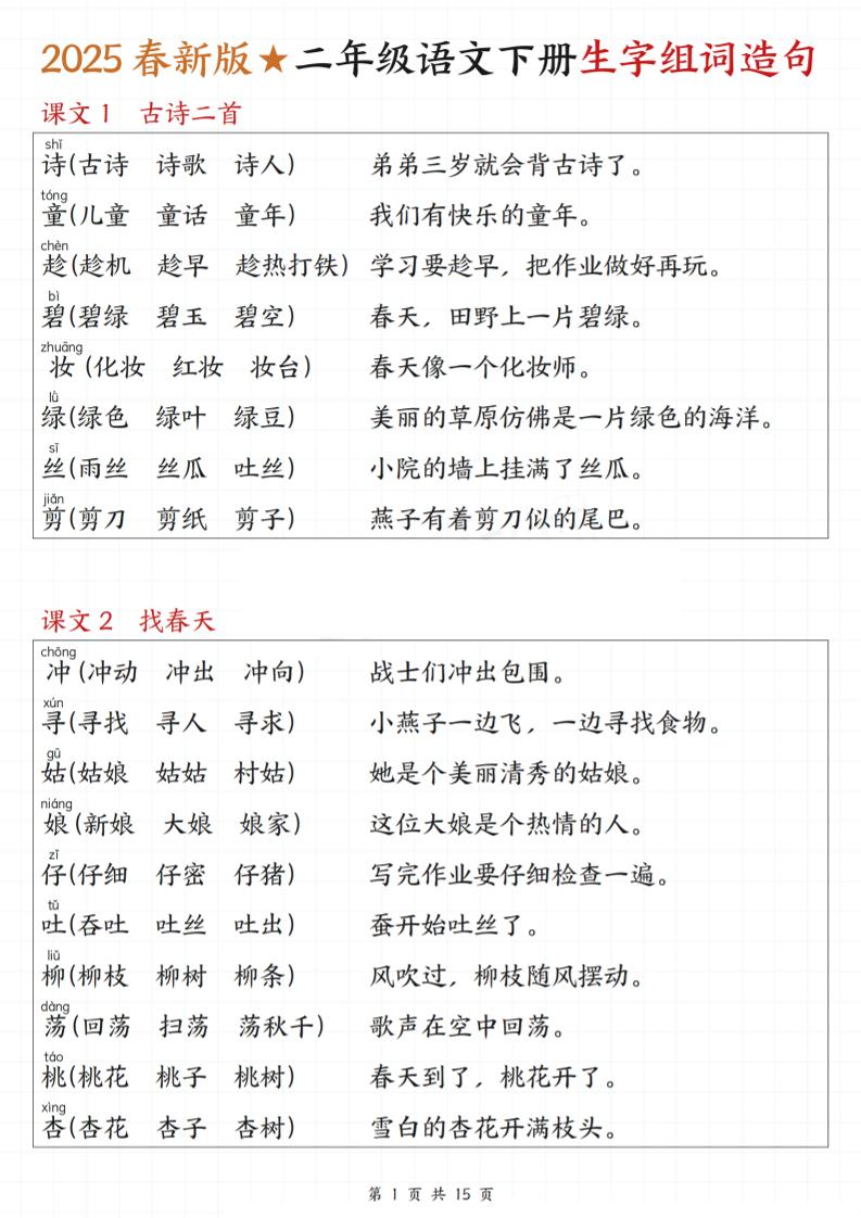 【一类字生字组词造句】二下语文_练习题|试卷|知识点|复习提纲