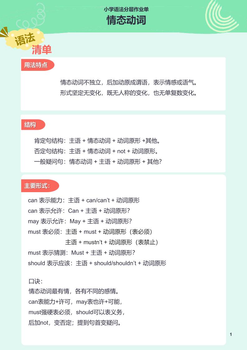 【作业单】13.小学语法分层作业单-情态动词_练习题|试卷|知识点|复习提纲