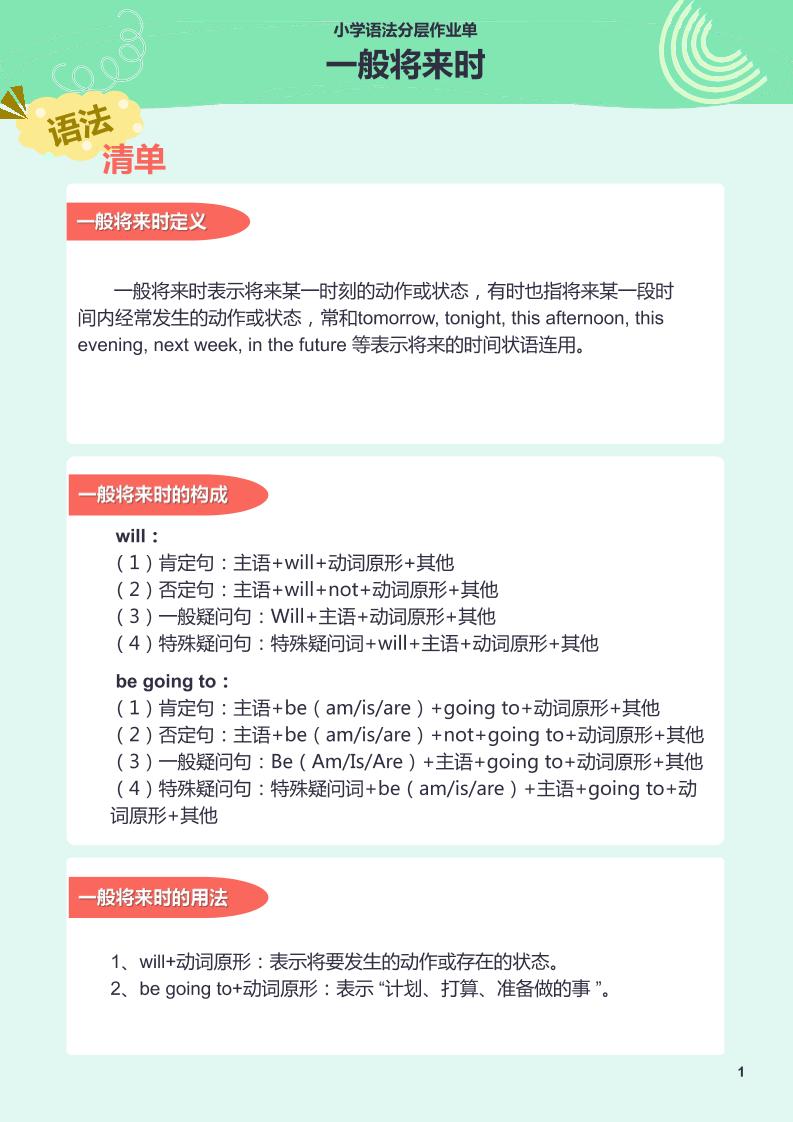 【作业单】21.小学语法分层作业单-一般将来时_练习题|试卷|知识点|复习提纲