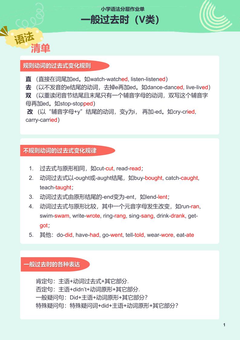 【作业单】23.小学语法分层作业单一般过去时（v类）_练习题|试卷|知识点|复习提纲