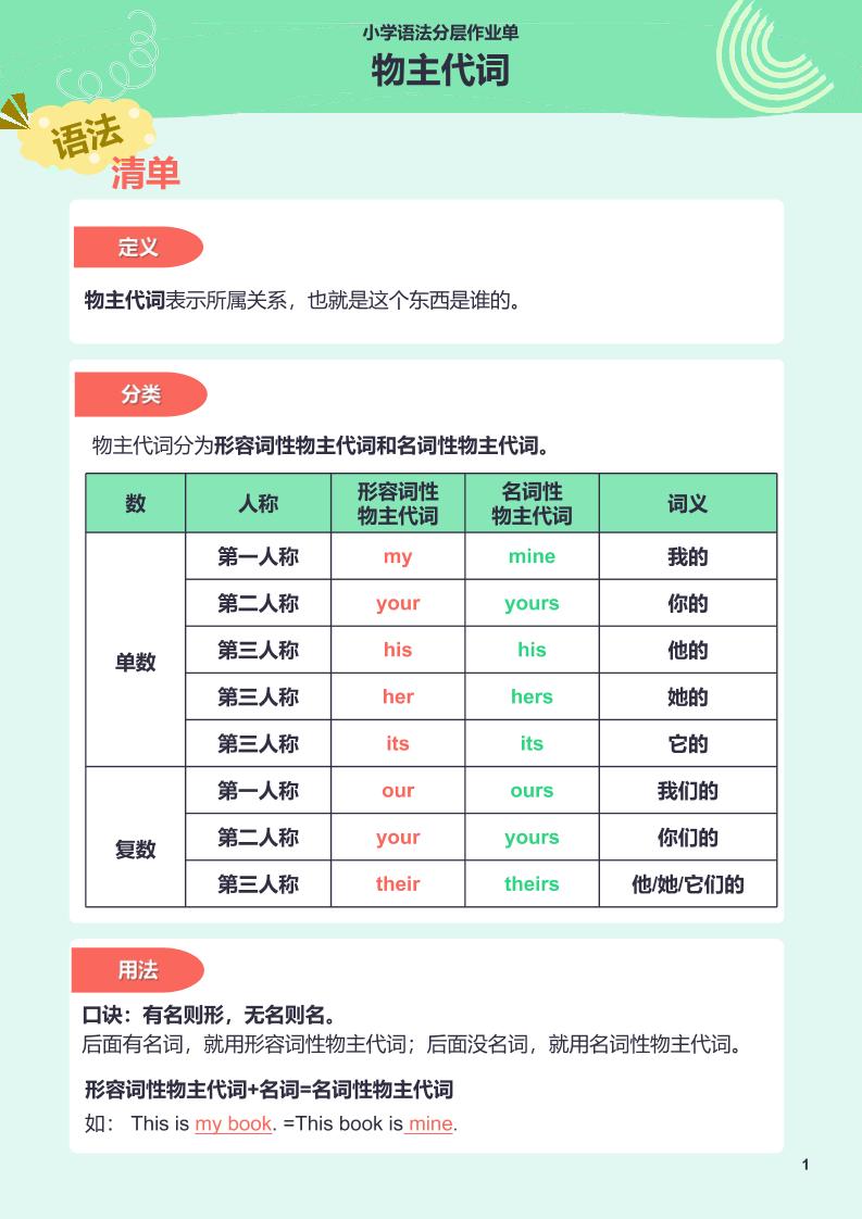 【作业单】9.小学语法分层作业单-物主代词_练习题|试卷|知识点|复习提纲