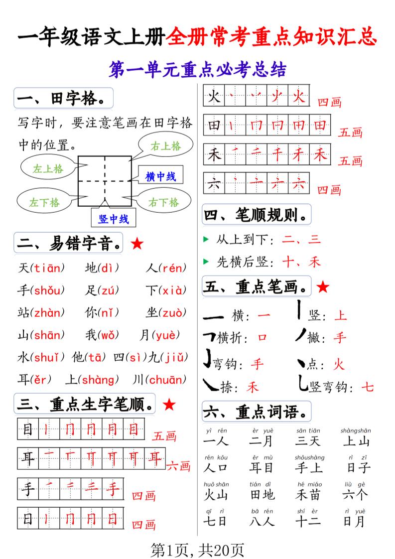 【全册1-8单元常考重点知识汇总20页】一上语文_练习题|试卷|知识点|复习提纲