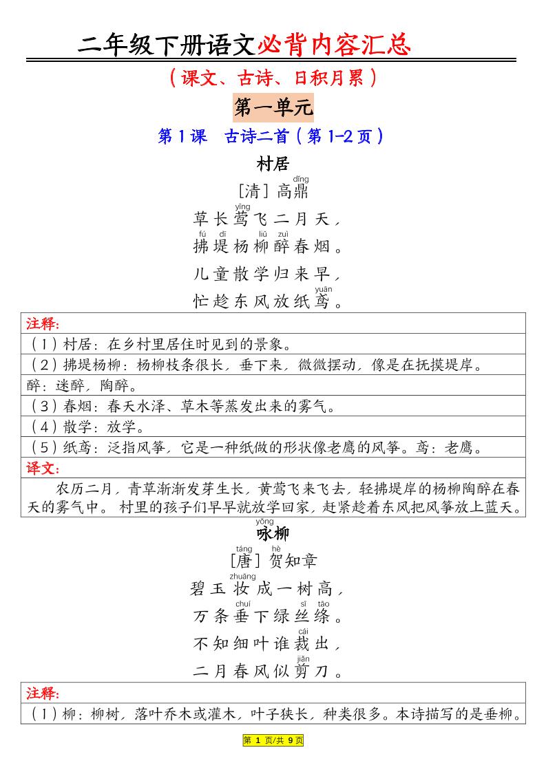 【全册必背内容（课文、古诗、日积月累）】二下语文_练习题|试卷|知识点|复习提纲