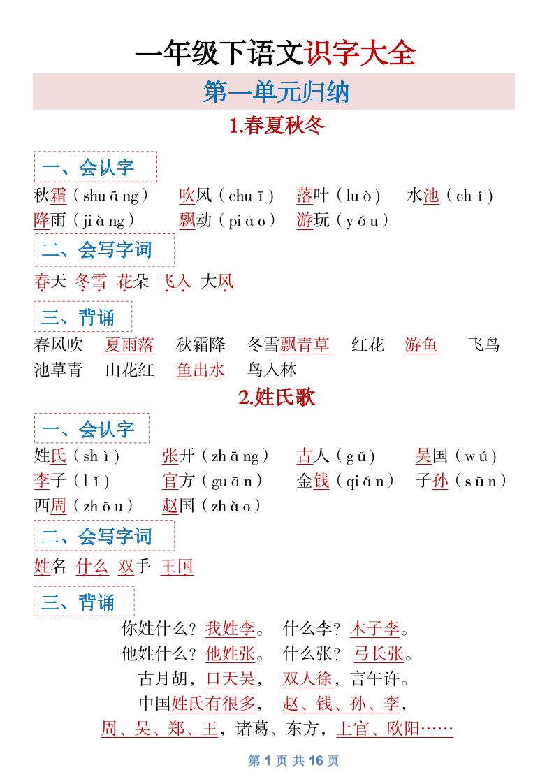 【全册识字大全】一下语文_练习题|试卷|知识点|复习提纲