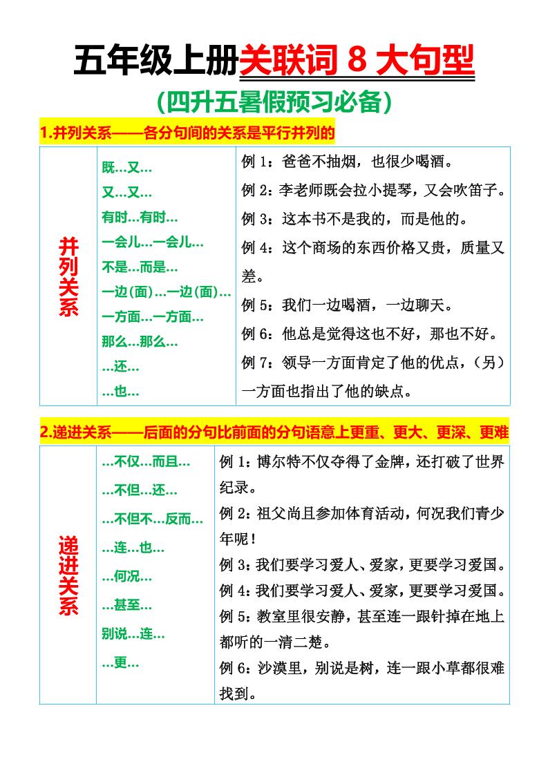 【关联词8大句型】五上语文_练习题|试卷|知识点|复习提纲