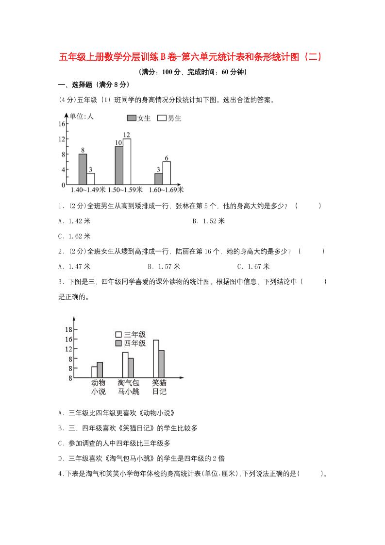 【单元AB卷】五年级上册数学分层训练B卷-第六单元统计表和条形统计图（二）（单元测试）（苏教版，含答案）_练习题|试卷|知识点|复习提纲