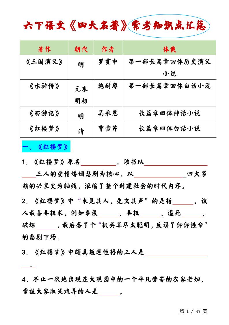 【四大名著知识点总结】六下语文_练习题|试卷|知识点|复习提纲