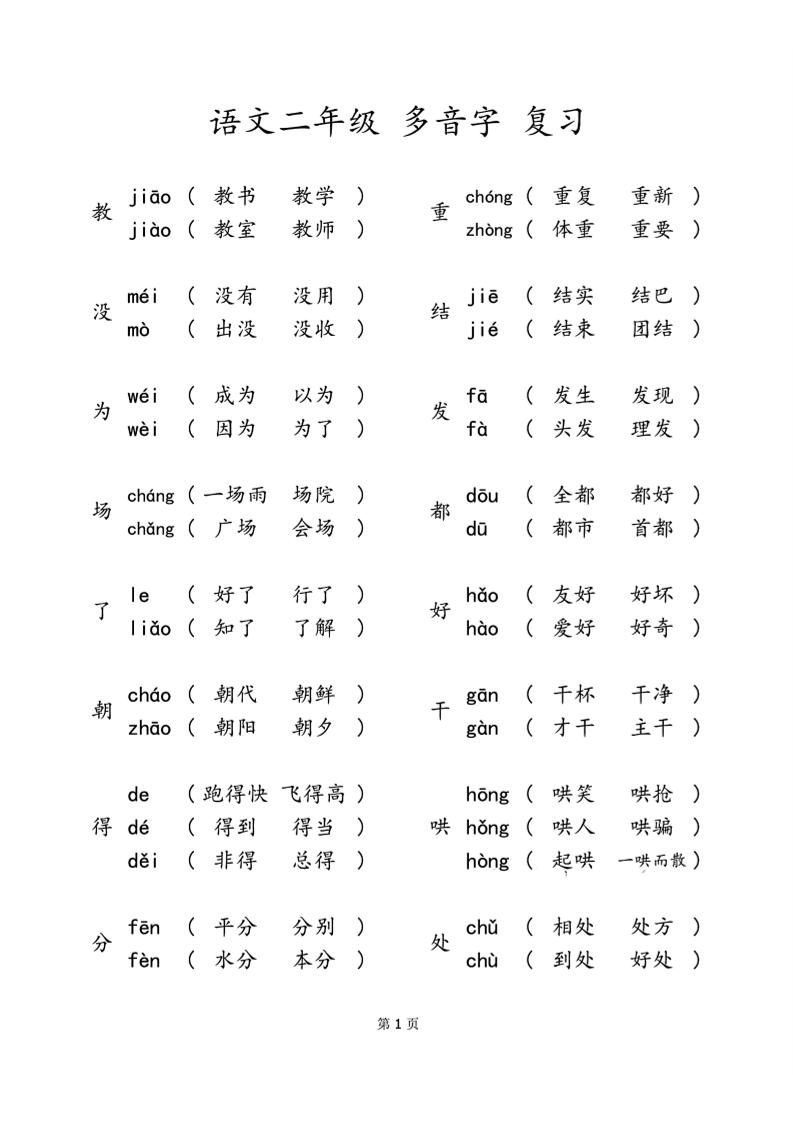 【多音字汇总＋练习】二下语文_练习题|试卷|知识点|复习提纲
