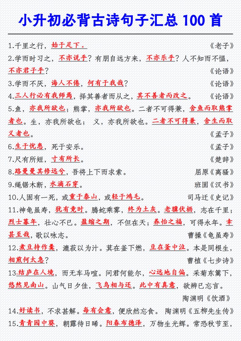 【小升初必背古诗句子汇总（100首）】六下语文_练习题|试卷|知识点|复习提纲