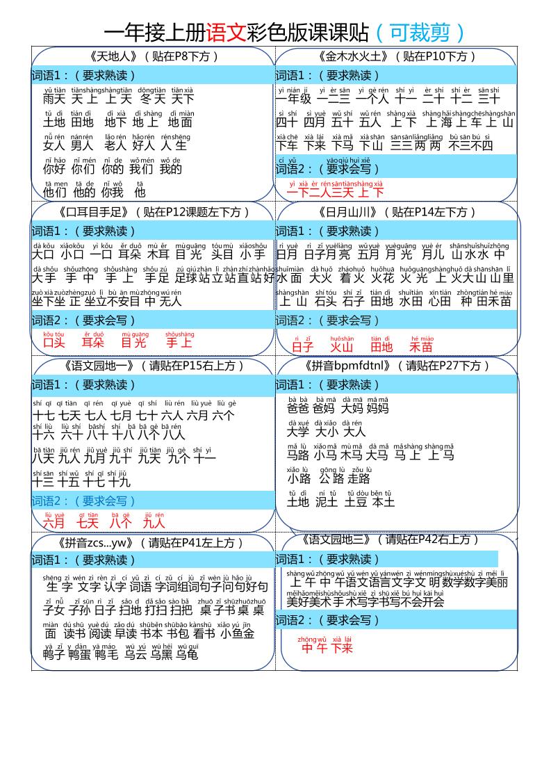 【彩色版课课贴】一上语文_练习题|试卷|知识点|复习提纲