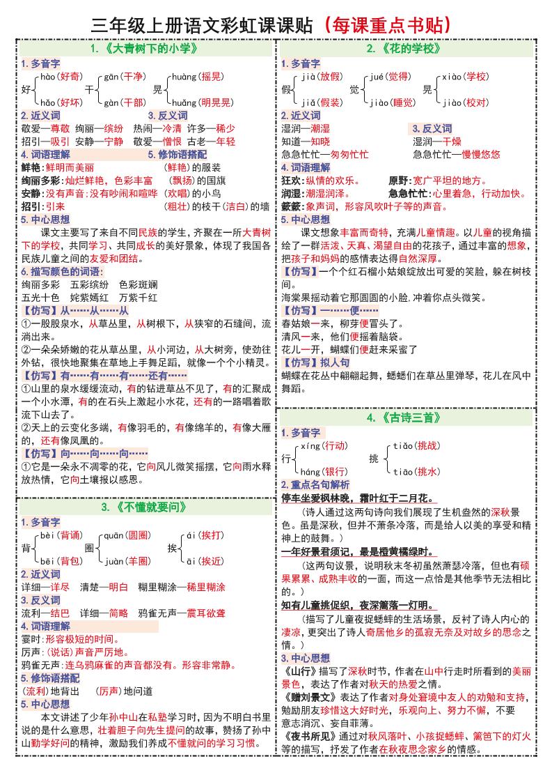 【彩虹课课贴（每课重点书贴）】三上语文_练习题|试卷|知识点|复习提纲