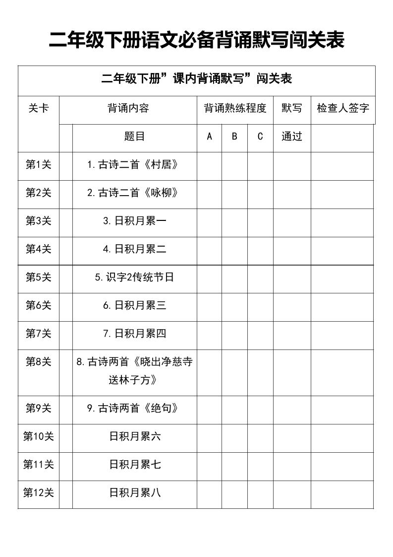 【必备背诵默写闯关表】二下语文_练习题|试卷|知识点|复习提纲