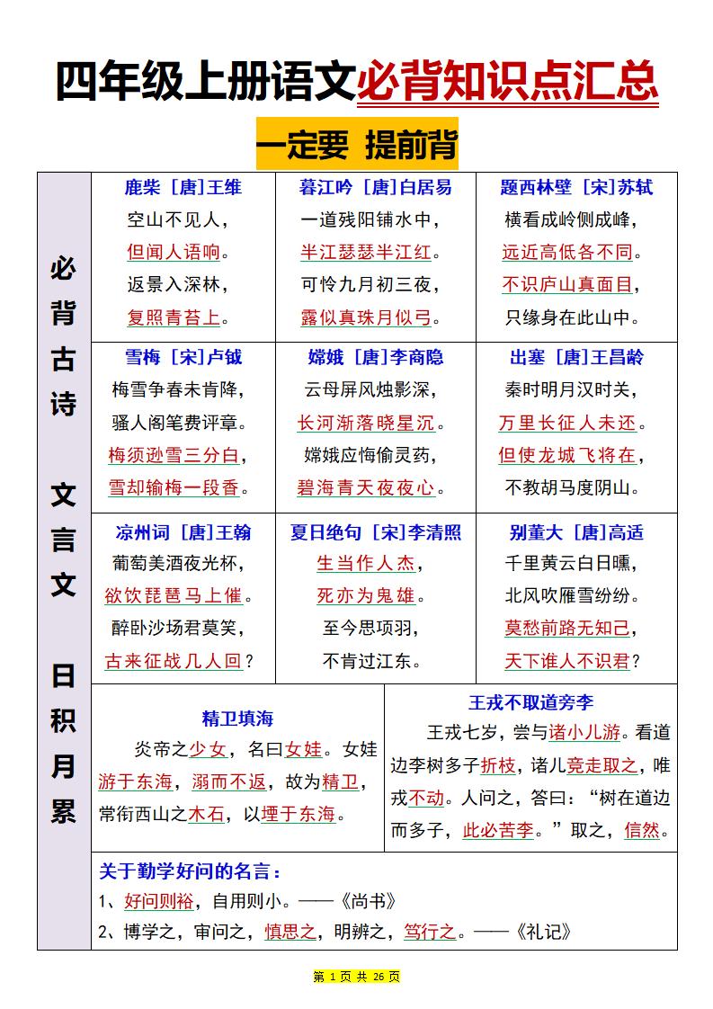 【必背知识点汇总】四上语文_练习题|试卷|知识点|复习提纲
