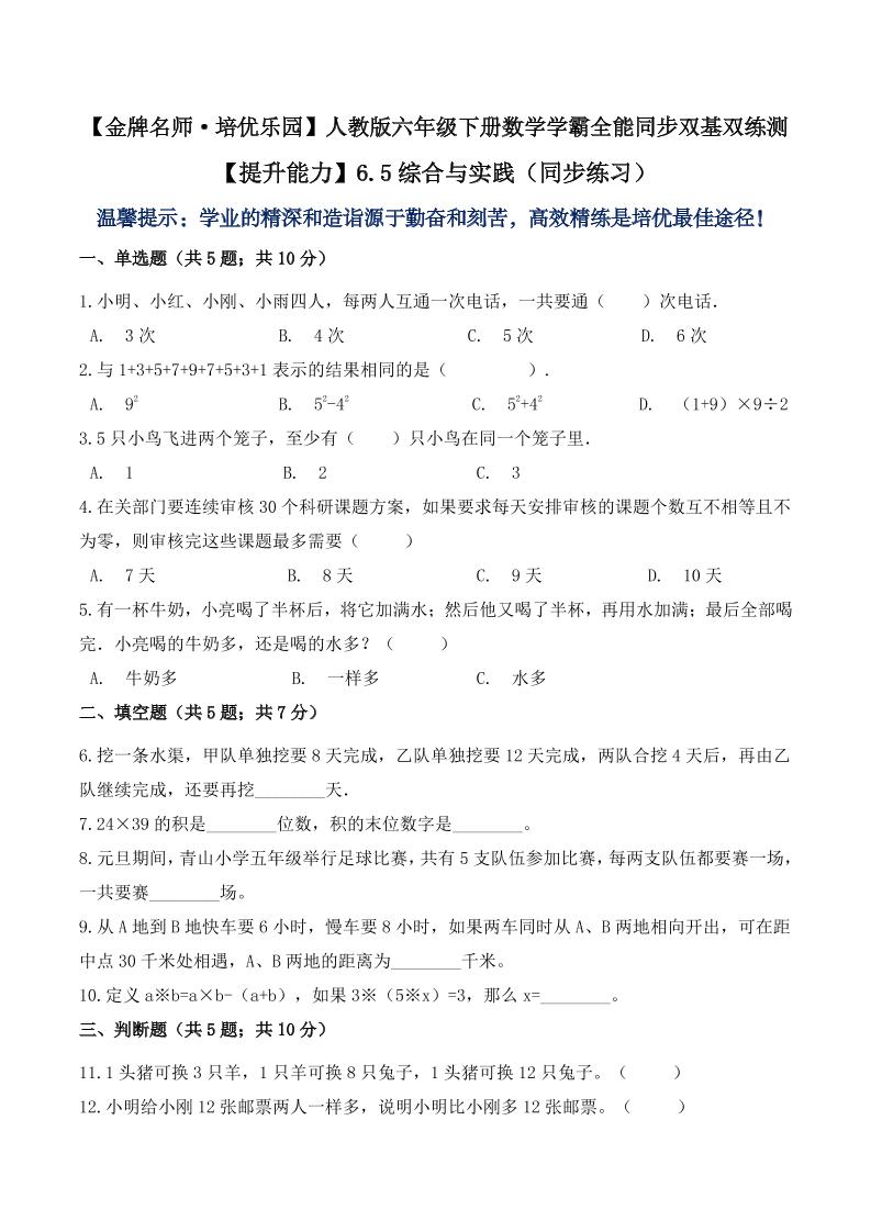 【提升能力】6.5综合与实践（同步练习）六年级下册数学学霸全能同步双基双练测人教版（含答案）_练习题|试卷|知识点|复习提纲