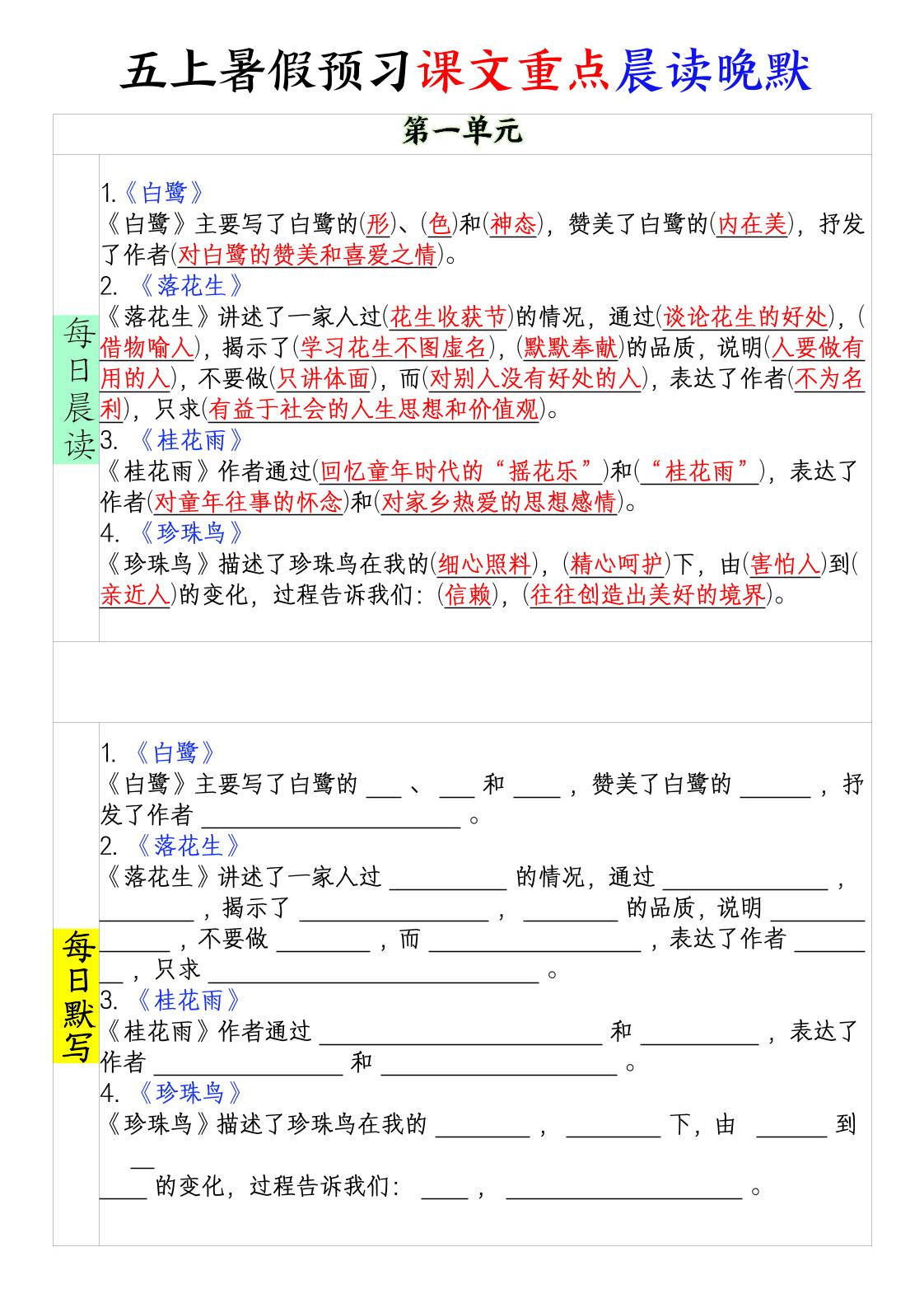 【暑假预习-课文重点晨读晚默】五上语文_练习题|试卷|知识点|复习提纲