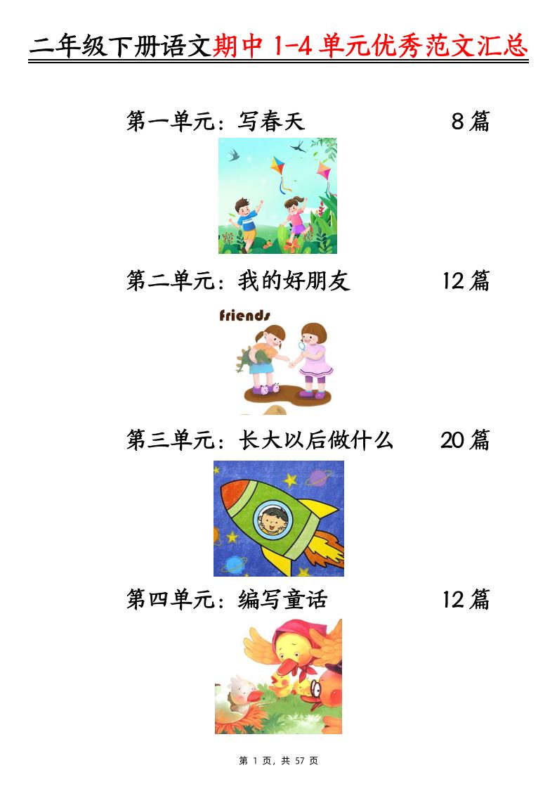 【期中1-4单元看图写话优秀范文汇总52篇（57页）】二下语文_练习题|试卷|知识点|复习提纲