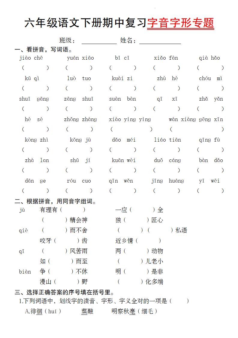 【期中复习字音字形专题】六下语文_练习题|试卷|知识点|复习提纲