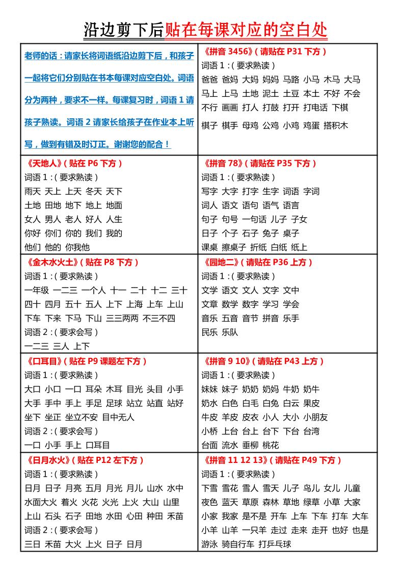 【每课生字组词认读-课课贴】一上语文_练习题|试卷|知识点|复习提纲