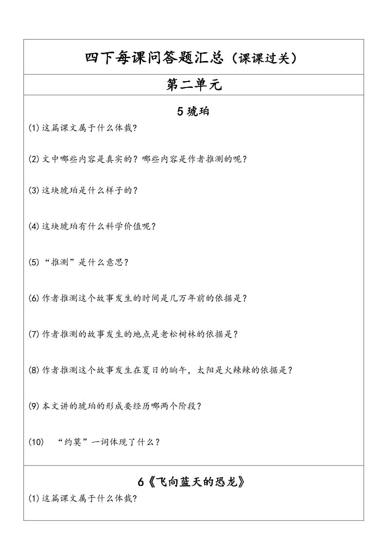 【每课问答题汇总（第2单元）】四下语文_练习题|试卷|知识点|复习提纲