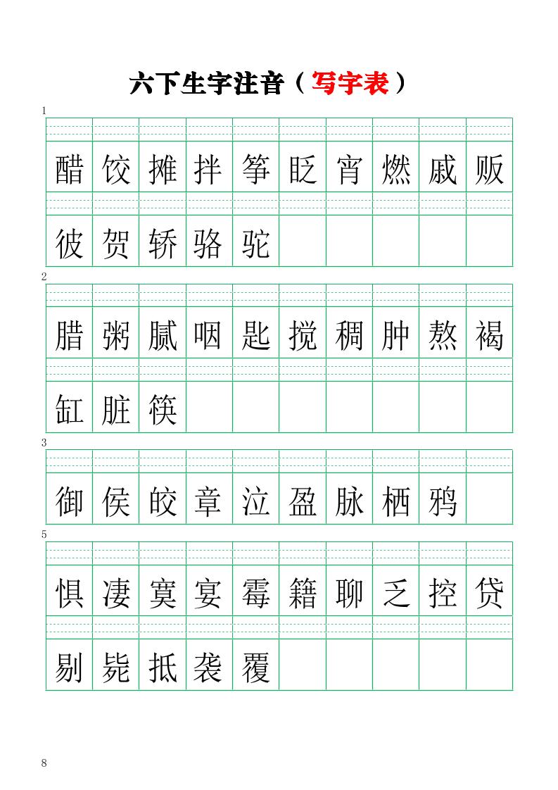 【注音练习（写字表）】六下语文_练习题|试卷|知识点|复习提纲