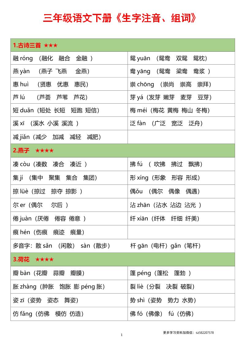 【生字注音组词】三下语文_练习题|试卷|知识点|复习提纲