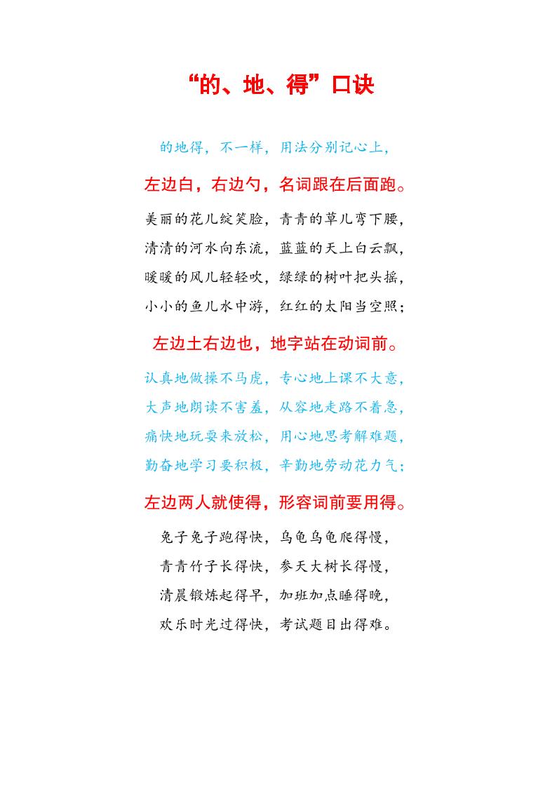 【“的地得”用法口诀及解释】一下语文_练习题|试卷|知识点|复习提纲