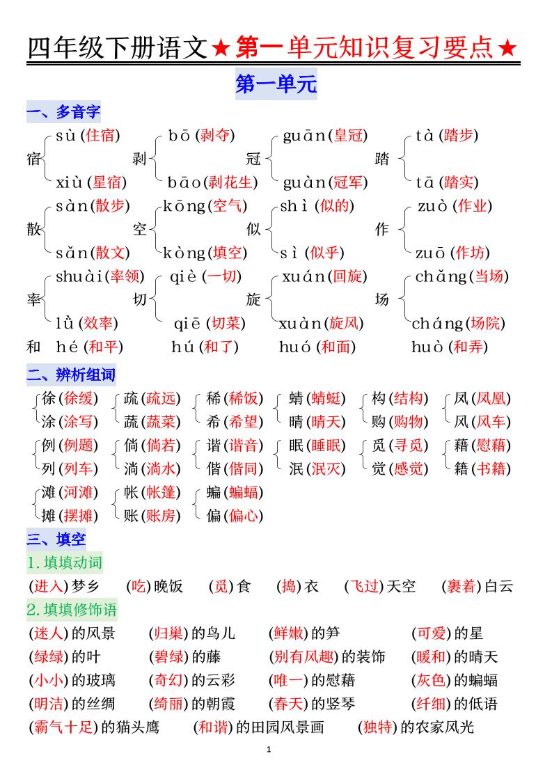 【第一单元知识复习要点练习（附答案）】四下语文_练习题|试卷|知识点|复习提纲