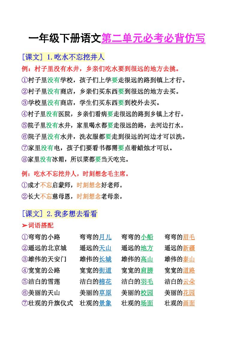【第二单元必考必背仿写】一下语文_练习题|试卷|知识点|复习提纲