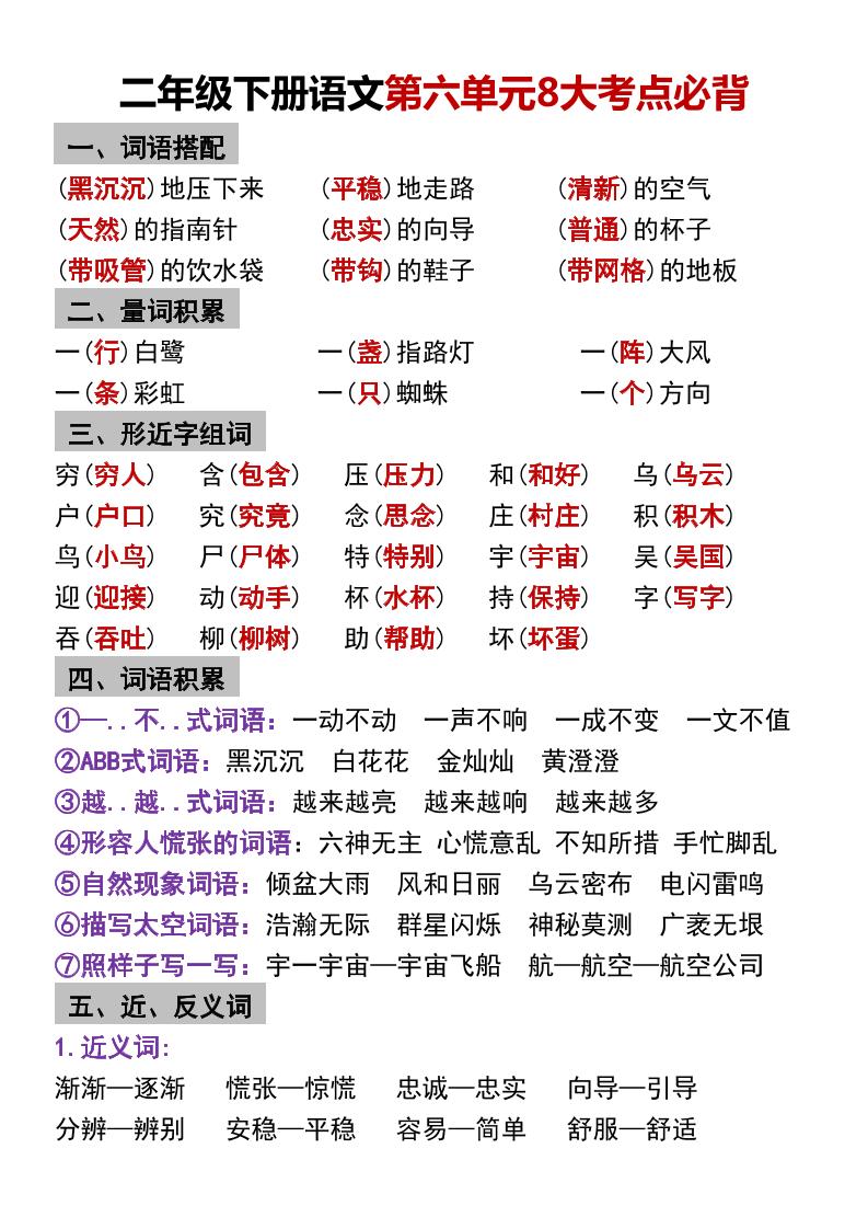 【第六单元8大考点必背】二下语文_练习题|试卷|知识点|复习提纲