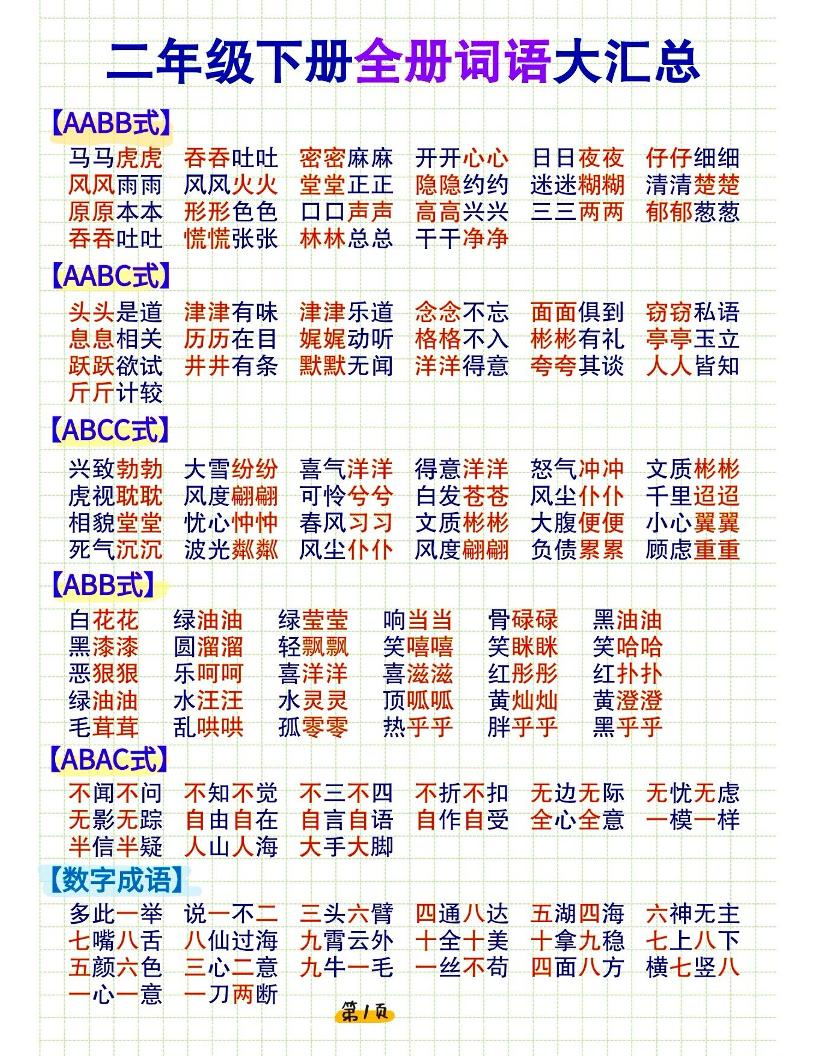 【词语积累和搭配大全】二下语文_练习题|试卷|知识点|复习提纲