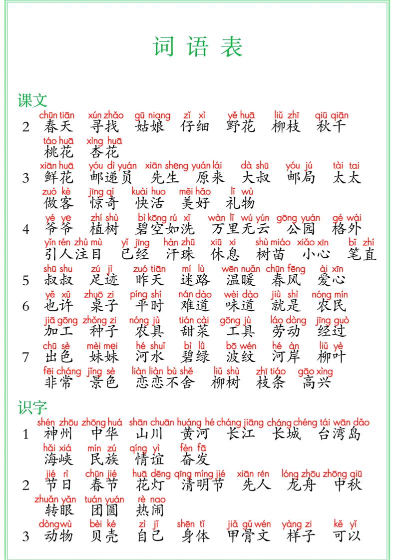 【词语表】二下语文_练习题|试卷|知识点|复习提纲